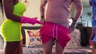 Wanking off the nerd with marigolds