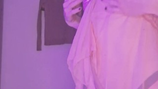 Naughty femboy in transparent nightie shows her chastity cage and tiny ass