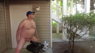 Public fucking my toy on my patio! Pool BBQ going on while I fuck my toy naked and cum!