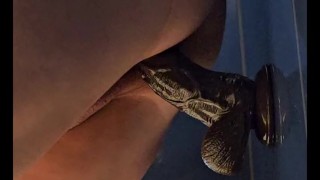 Streching out my pussy on a large dark dildo in the hotel bathtub