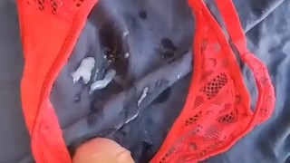 BIG COCK Jerk Off and Cumming on my red Lace Pantie !