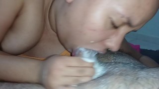 masturbating her delicious throat with the cock the bitch gets excited and eats cum