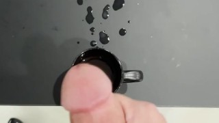 Wearing Latex Pants and Shiny Black High Heels Jerking Off and Huge Load in Coffee