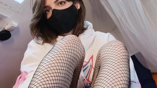 Trans Girl Gives You a FOOTJOB in Her Ripped Fishnets