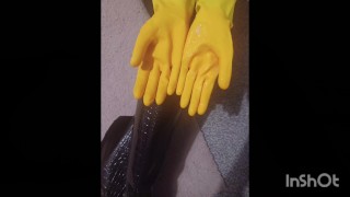 Mistress Night Milks slaves cock in sexy RUBBER GLOVES! Who wants to lick them clean?
