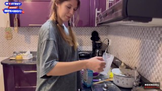 The flatmate-girl doesn't mind periodic fucking in the kitchen and get cum in her mouth and pigtails