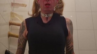 Sissy in navy dress needs cock