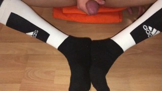 Cumming on my knee high Adidas gym socks