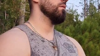 Hairy cub jerking off and getting a drippy blowjob in the woods.