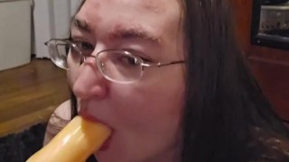 Brunette BBW works on some throat training