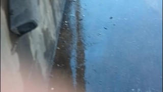 Exhibitionist wife at the carwash pov hubby films