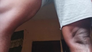 Beautiful black body wets his short with precum dripping down through his laps