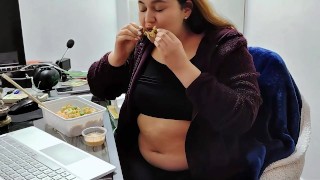 Round Chubby Girl Eating Sushi, Rubbing Bloated Belly