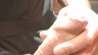 Wanking my uncut cock in the restaurants bathroom