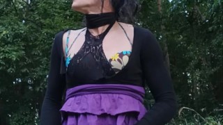 Sexy petite sissy ass miniskirt anal orgasm on fat veiny dildo in parc hot cumshot