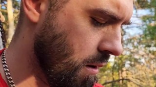 Bearded straight bro jerking off in the woods with his buddy.