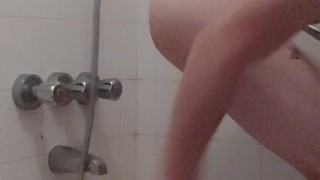 Skinny twink powerwashing his ass with shower head preparing for deep anal