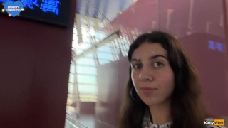 Crazy CUMWALK in Big AIRPORT Full of People Risky Public Blowjob