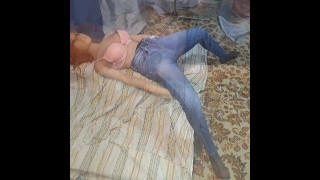 Sillicone doll Fortuna in skinny tight jeans on a special stand with spread leg.Cumshot and creampie