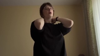 Sexy brunette almost showed off her lush tits