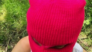 Ski mask girl sucks strangers cock in the woods
