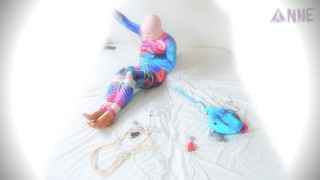 Colourful catsuit selfbondage hogtie