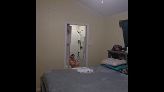Voyeur Pawg showers, shaves and fucks herself before getting ready