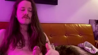 Hot skinny boy jerks his thick cock on the couch and cums for you