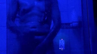 Shower Cum in Blue LED room