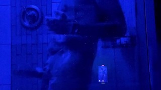 Shower Cum in Blue LED room