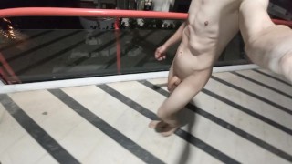 Totally naked in a mall playing with piss and cum