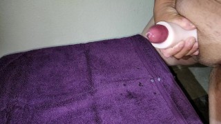 My biggest cumshot ever stroking a pocket pussy slow motion No sound