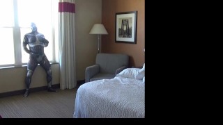 wetsuit and zentai at hotel window