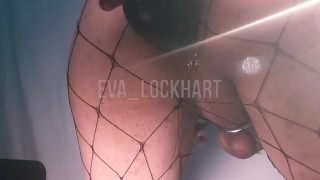 Asian sissy caged and plugged shows feet and jerks hard cock