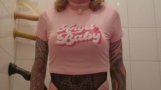 Sissy rides giant dildo