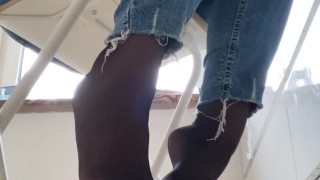 Smelly nylon feet addiction. Woman ignore feet video.