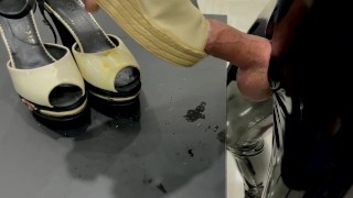 Fucking Wedge Heels Full of Dried Cum in Latex Pants and Cum on High Heels