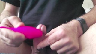 Cum running out the hole in my pierced cock from hands free orgasm using vibrators