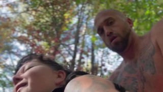 Riding the bull in the woods pounding pussy for double organisms