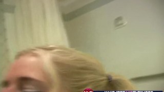 Busty blonde POV teen gives a handjob