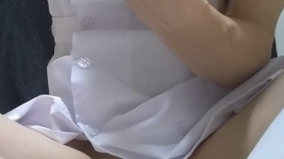 ナースのコスプレをした男の娘がオナホとローションでオナニーして見事に射精する