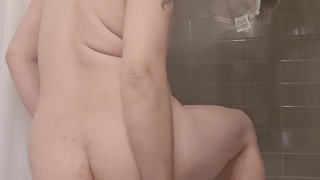 Chubby femboy tests glass dildo