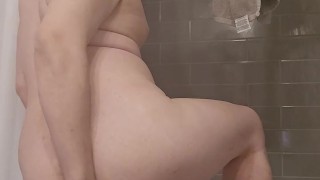 Chubby femboy tests glass dildo