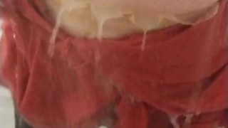 Shower undressing red latex hooded swing dress and stockings and transparent pants wetsuiterest