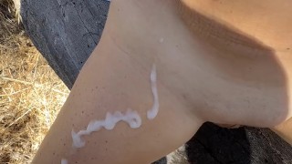 MILF Pissing Outside On Partner While He Jerks Off & Cums On Her Pussy