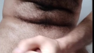 Solo hairy man huge cumshot with hot moanings.