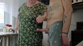 blowjob from mother-in-law, dick jerking and cum