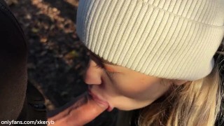 Russian blonde gave a blowjob in the forest and left, showing her ass! I'm glad about this!