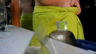 after shower putting towel on