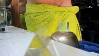 after shower putting towel on